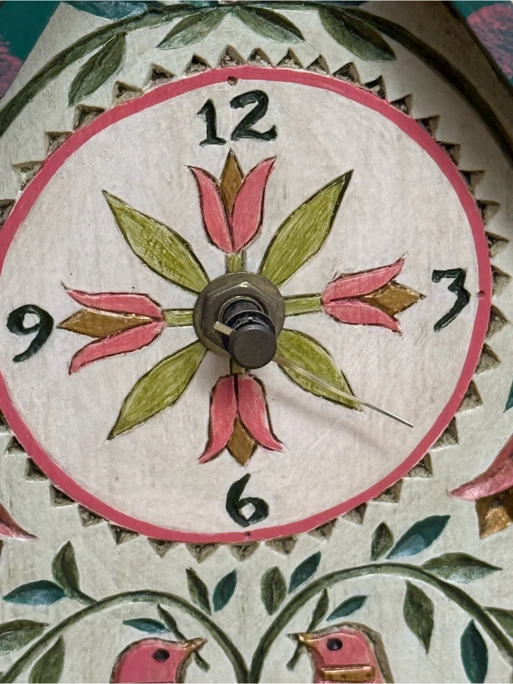 Hand-Painted and Carved Garden Time Wooden Wall Clock - Pink & Green